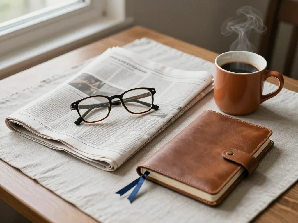 Journal ouvert et café sur un bureau, symbolisant l'apprentissage continu et la curiosité intellectuelle.