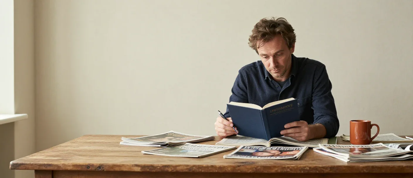 Un homme explore diverses publications pour illustrer la polyvalence et la clarté d'esprit.